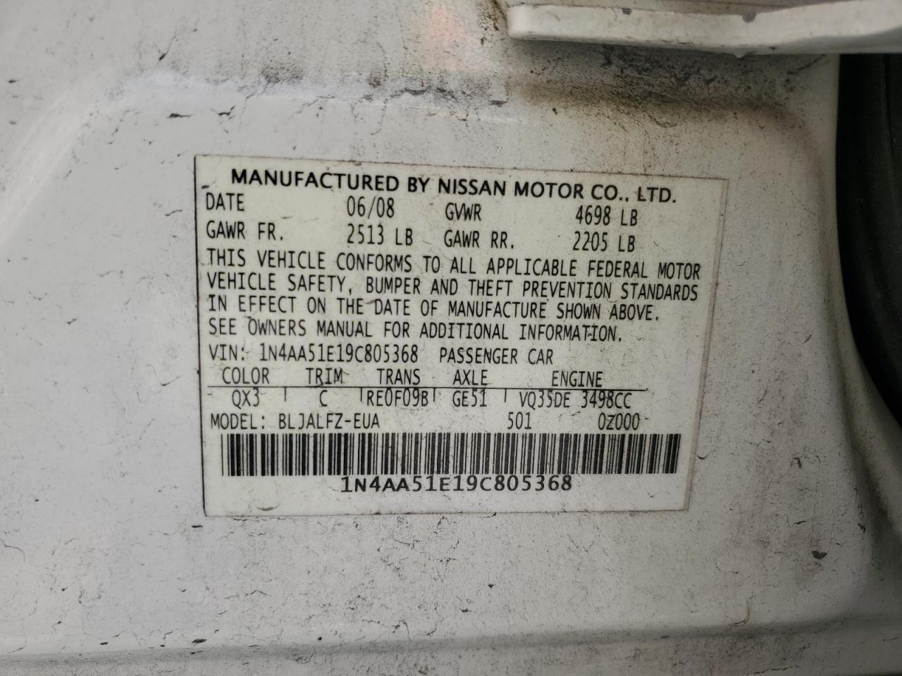 1N4AA51E19C805368 2009 Nissan Maxima S