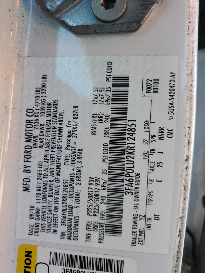 2019 Ford Fusion Se VIN: 3FA6P0LU2KR124851 Lot: 54041585