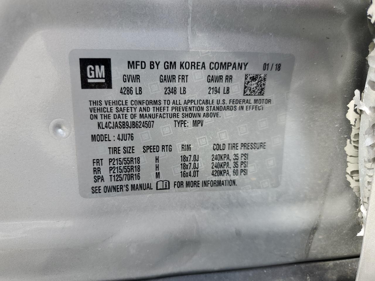 2018 Buick Encore Preferred VIN: KL4CJASB9JB624507 Lot: 57302485