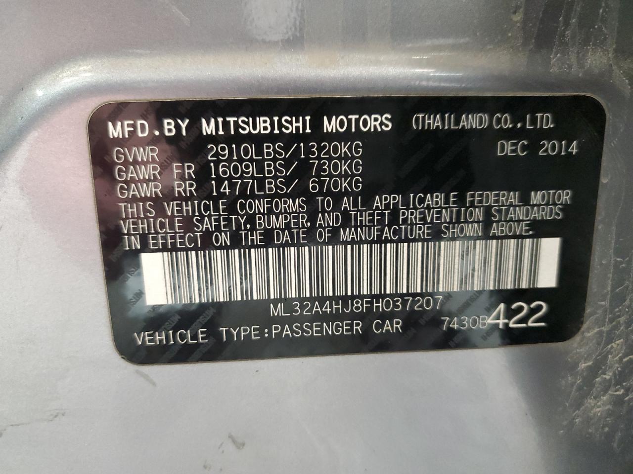 2015 Mitsubishi Mirage Es VIN: ML32A4HJ8FH037207 Lot: 56663835