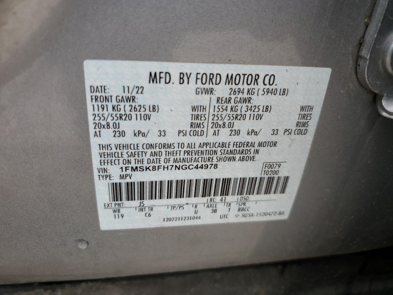 2022 Ford Explorer Limited VIN: 1FMSK8FH7NGC44978 Lot: 58302025