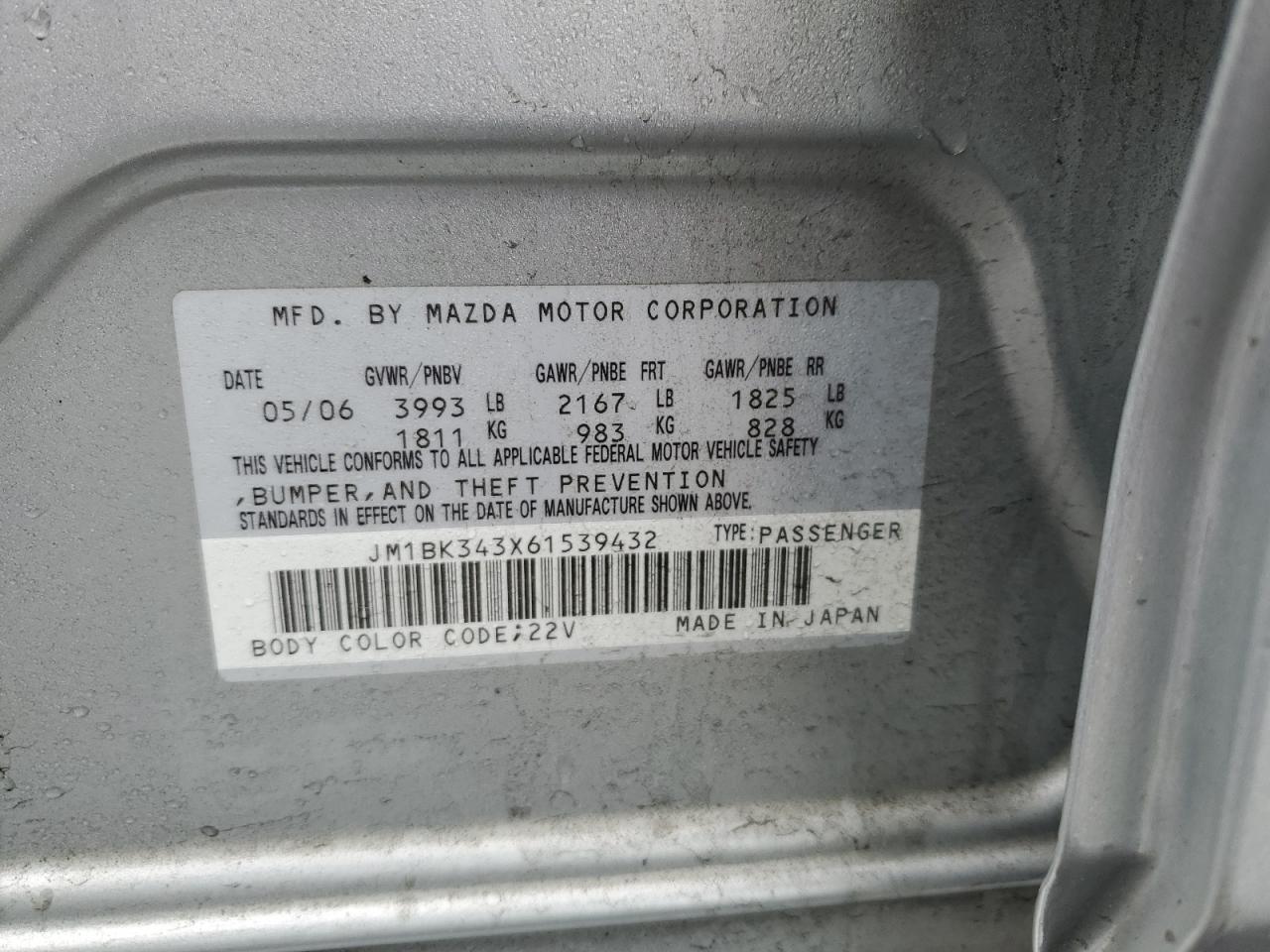 2006 Mazda 3 Hatchback VIN: JM1BK343X61539432 Lot: 57051105
