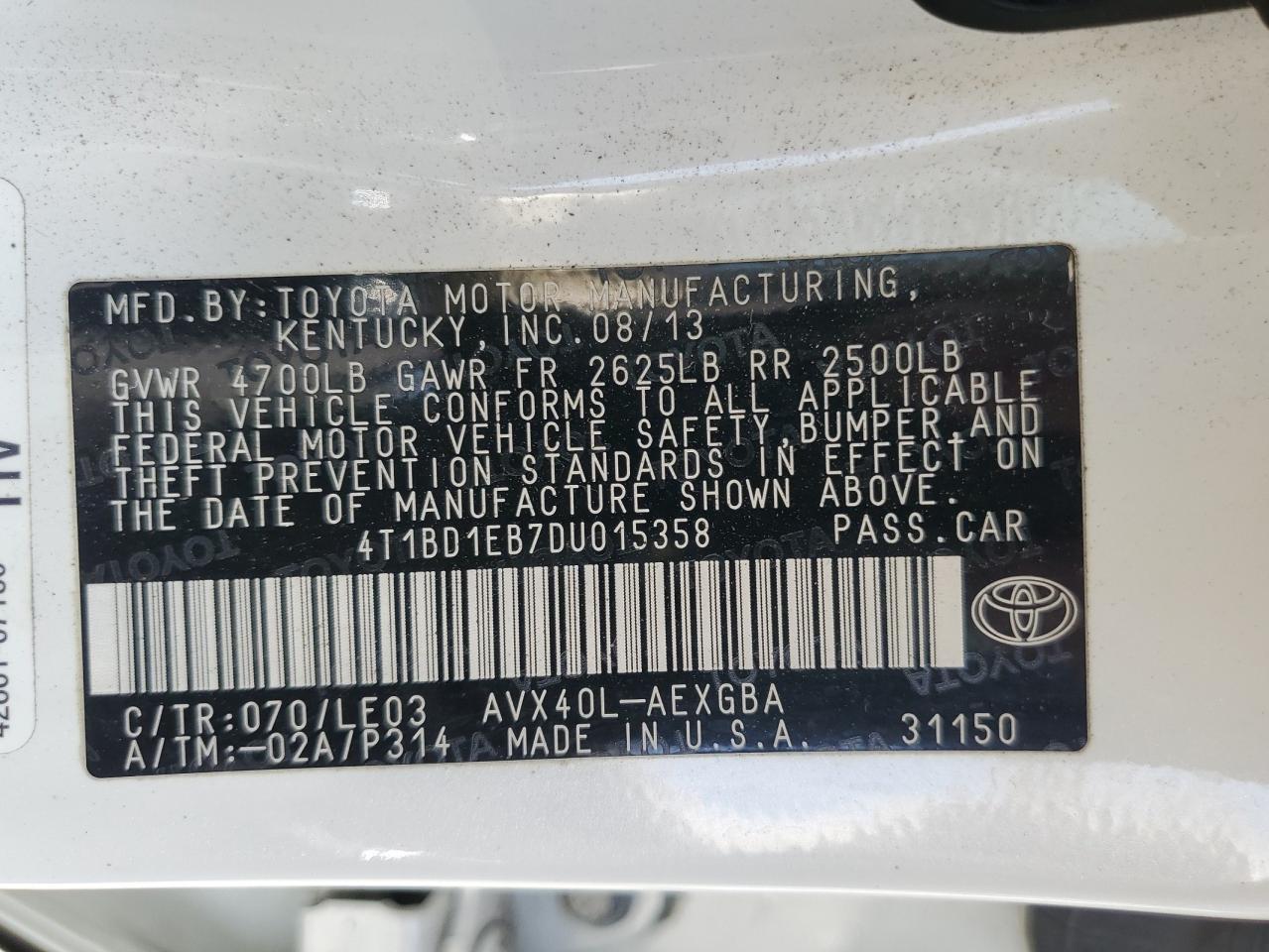 2013 Toyota Avalon Hybrid VIN: 4T1BD1EB7DU015358 Lot: 57177465