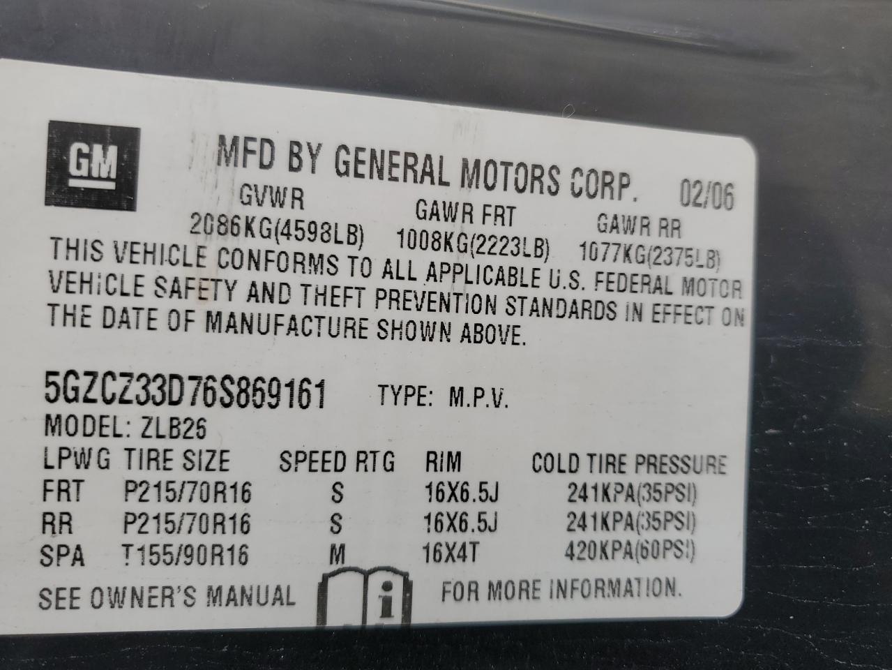 2006 Saturn Vue VIN: 5GZCZ33D76S869161 Lot: 55971845