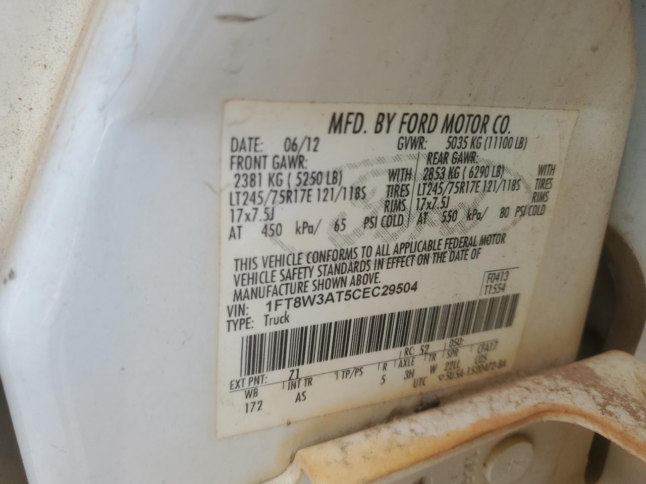 2012 Ford F350 Super Duty VIN: 1FT8W3AT5CEC29504 Lot: 58366205