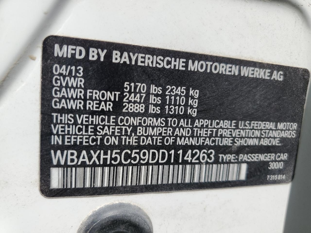 2013 BMW 528 Xi VIN: WBAXH5C59DD114263 Lot: 56780425