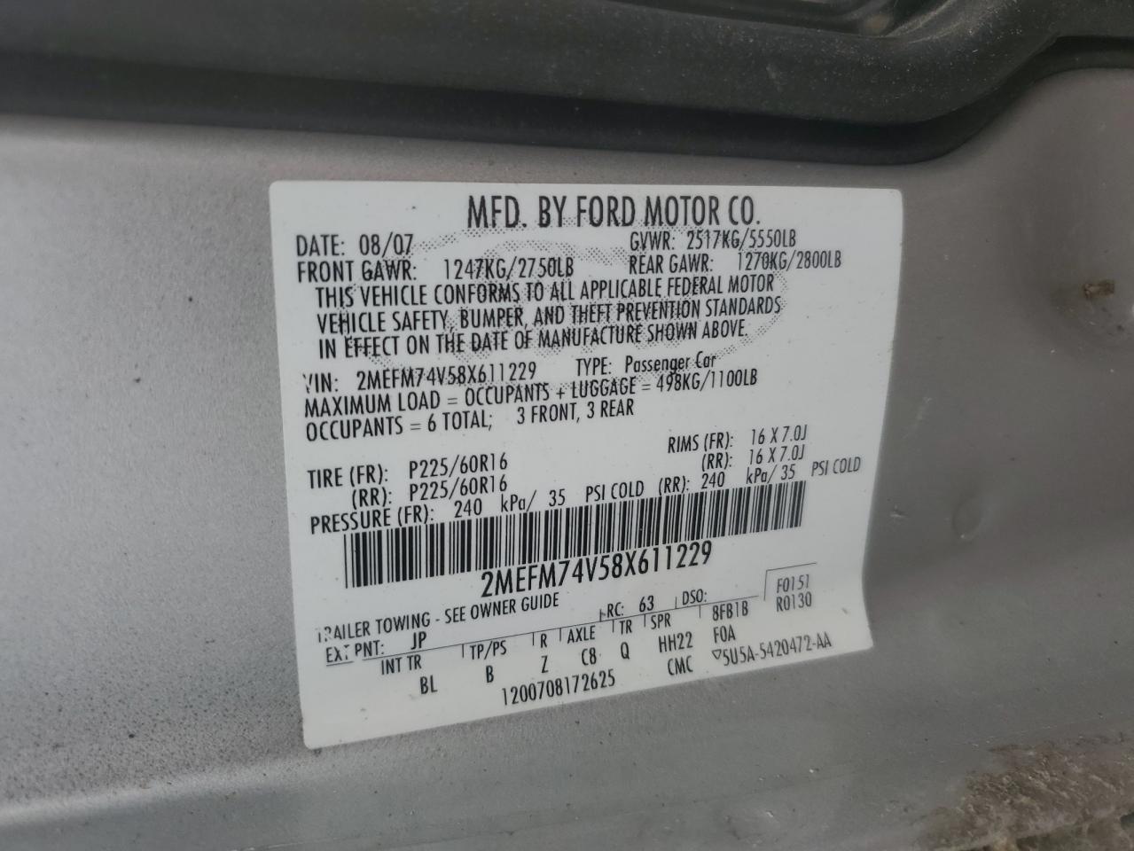 2008 Mercury Grand Marquis Gs VIN: 2MEFM74V58X611229 Lot: 53155815