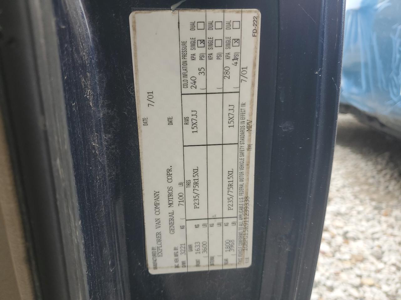 2001 Chevrolet Express G1500 VIN: 1GBFG15R911239338 Lot: 57106595