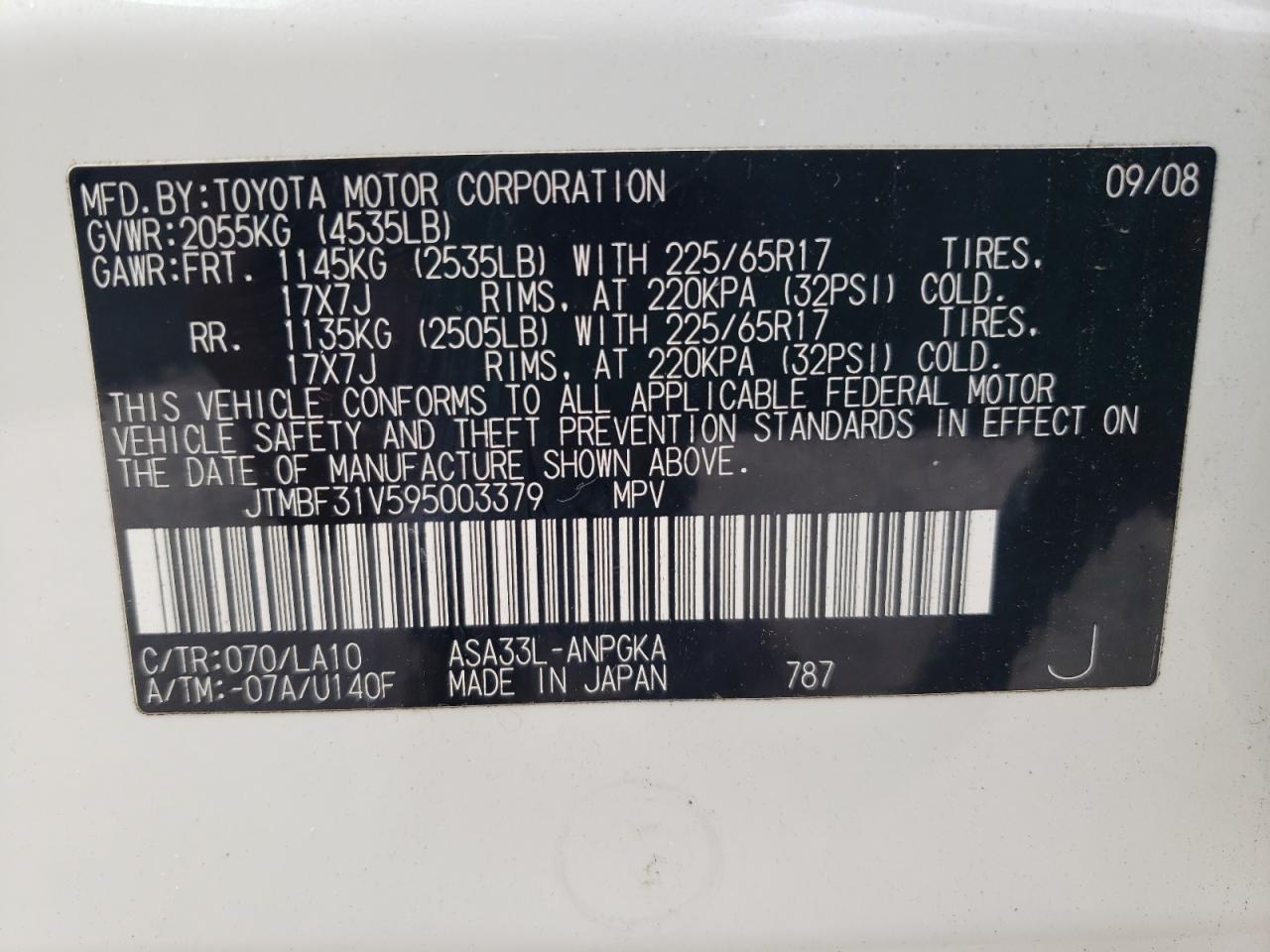 2009 Toyota Rav4 Limited VIN: JTMBF31V595003379 Lot: 58850085