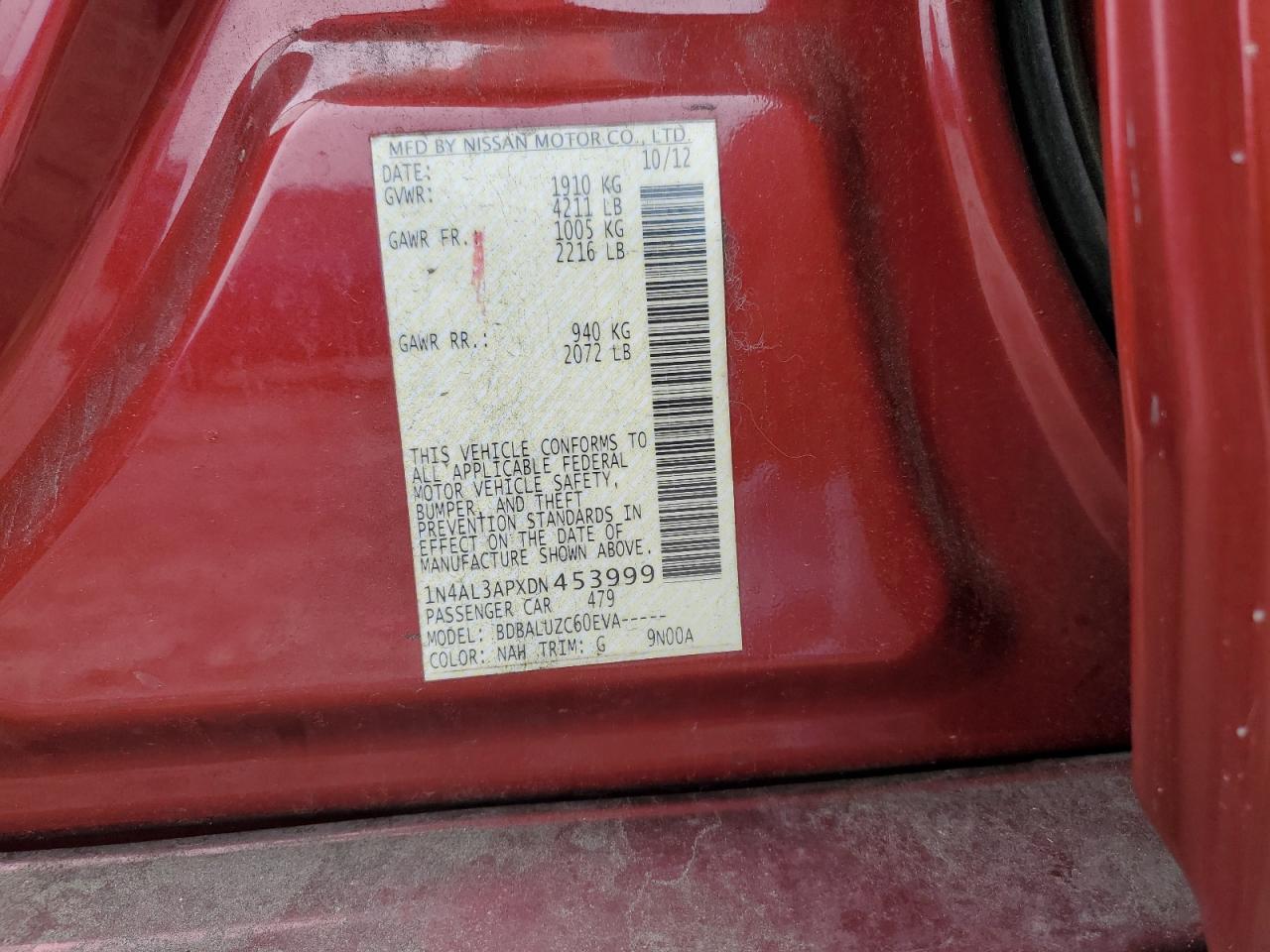 2013 Nissan Altima 2.5 VIN: 1N4AL3APXDN453999 Lot: 55751685