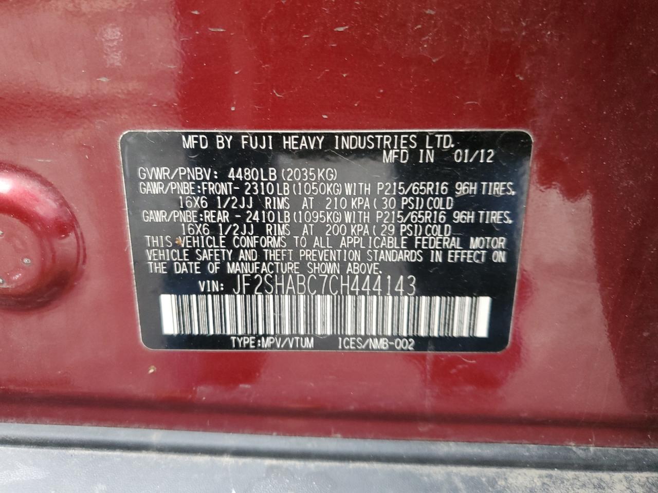 2012 Subaru Forester 2.5X VIN: JF2SHABC7CH444143 Lot: 56252085