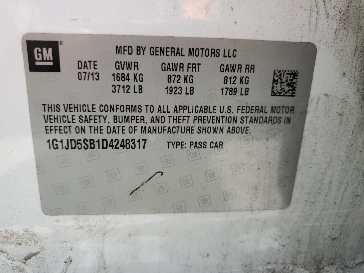 2013 Chevrolet Sonic Lt VIN: 1G1JD5SB1D4248317 Lot: 57585035