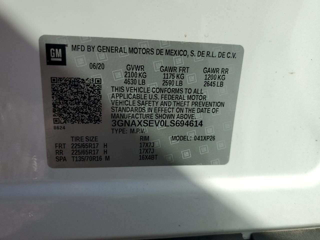 2020 Chevrolet Equinox Ls VIN: 3GNAXSEV0LS694614 Lot: 56536275