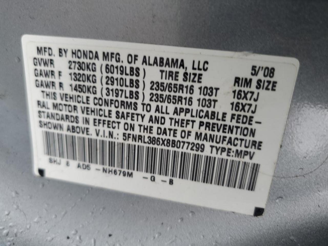5fnrl386x8b077299 5FNRL386X8B077299 2008 Honda Odyssey Exl