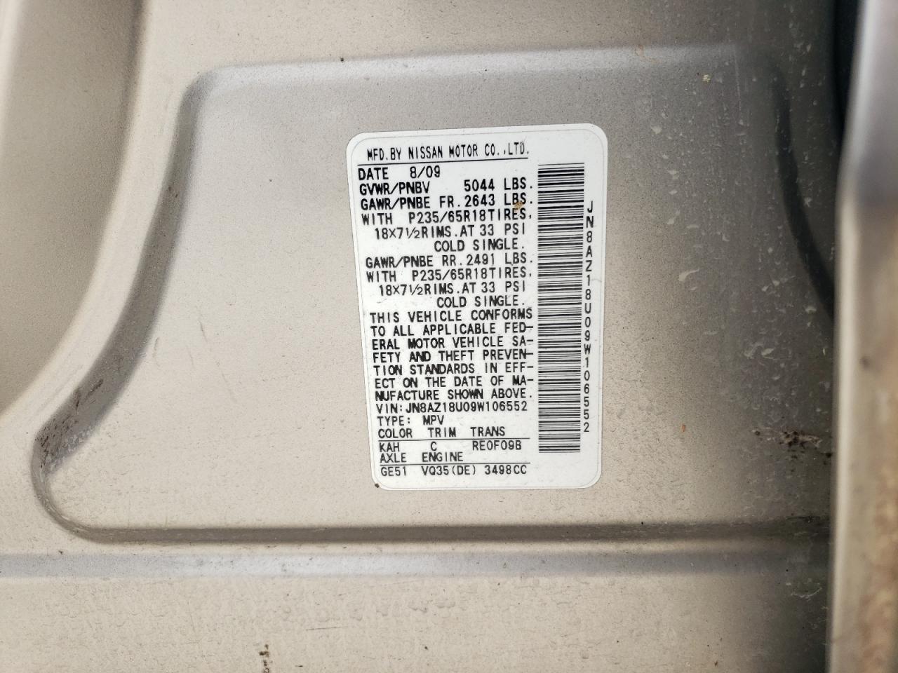 2009 Nissan Murano S VIN: JN8AZ18U09W106552 Lot: 57227205