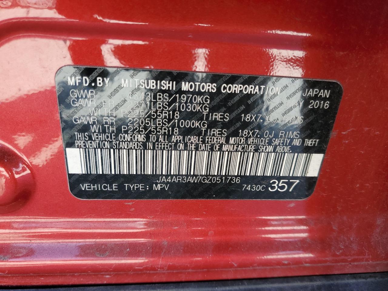 2016 Mitsubishi Outlander Sport Es VIN: JA4AR3AW7GZ051736 Lot: 57354725