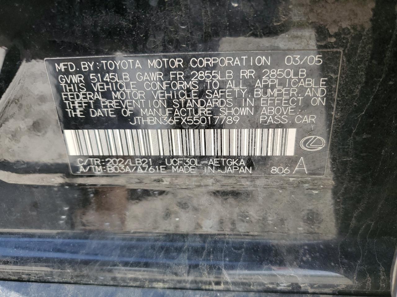 2005 Lexus Ls 430 VIN: JTHBN36FX55017789 Lot: 56685605