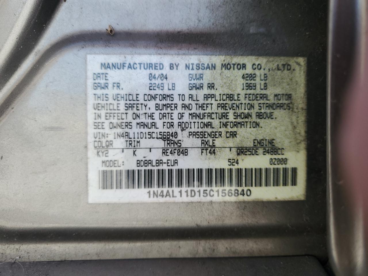 2005 Nissan Altima S VIN: 1N4AL11D15C156840 Lot: 58494905
