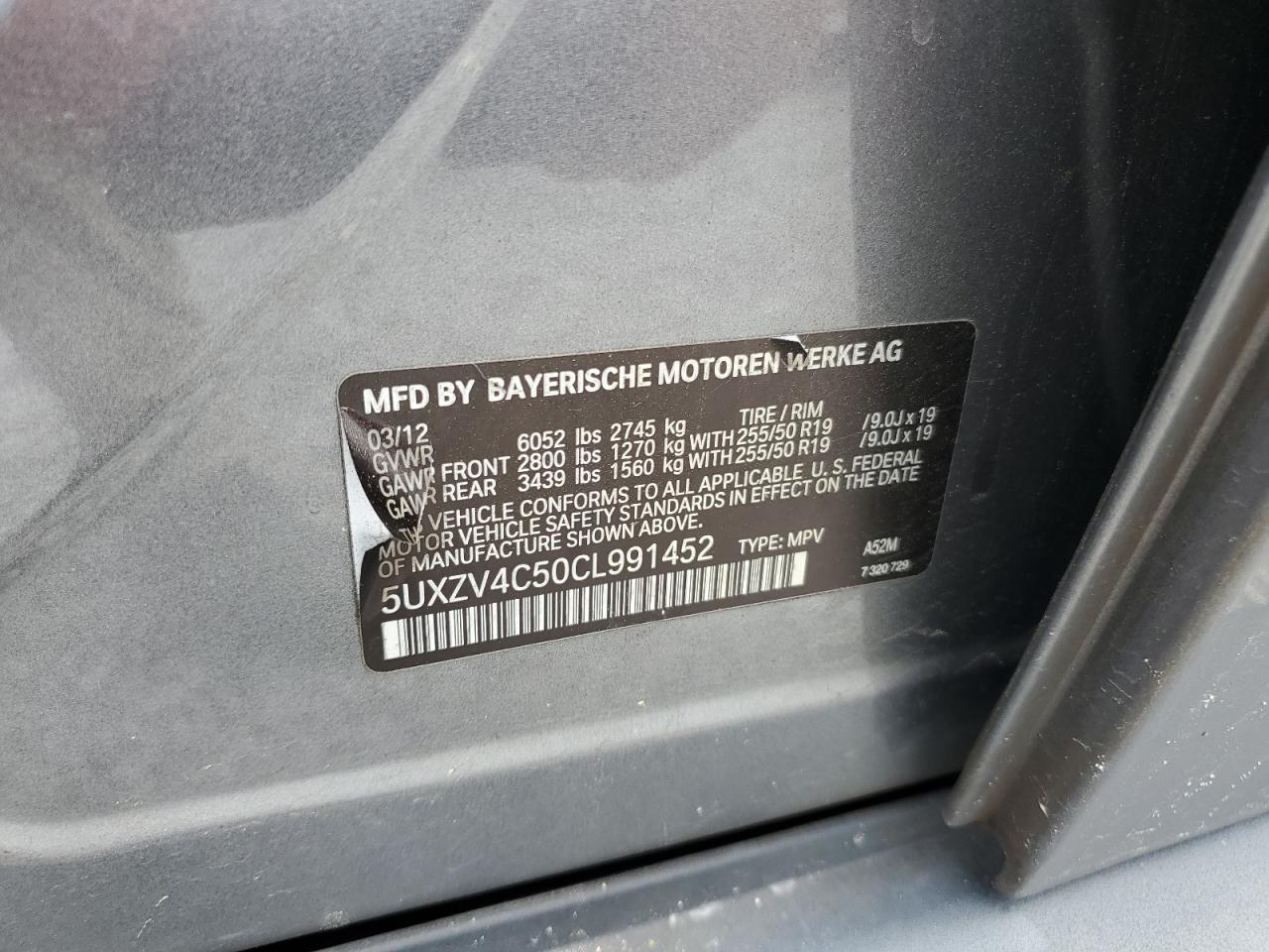 2012 BMW X5 xDrive35I VIN: 5UXZV4C50CL991452 Lot: 56890265
