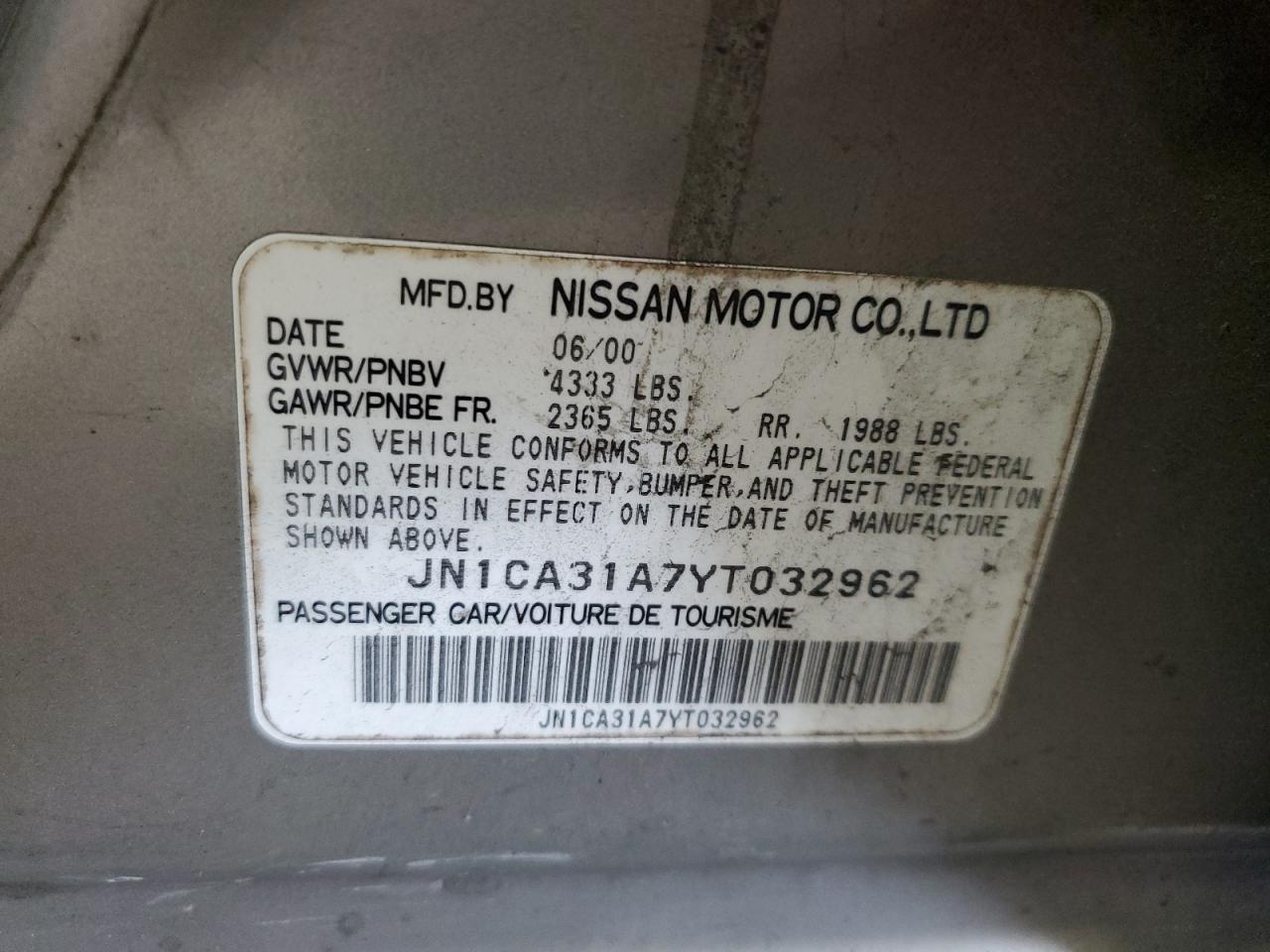 2000 Nissan Maxima Gle VIN: JN1CA31A7YT032962 Lot: 56947675