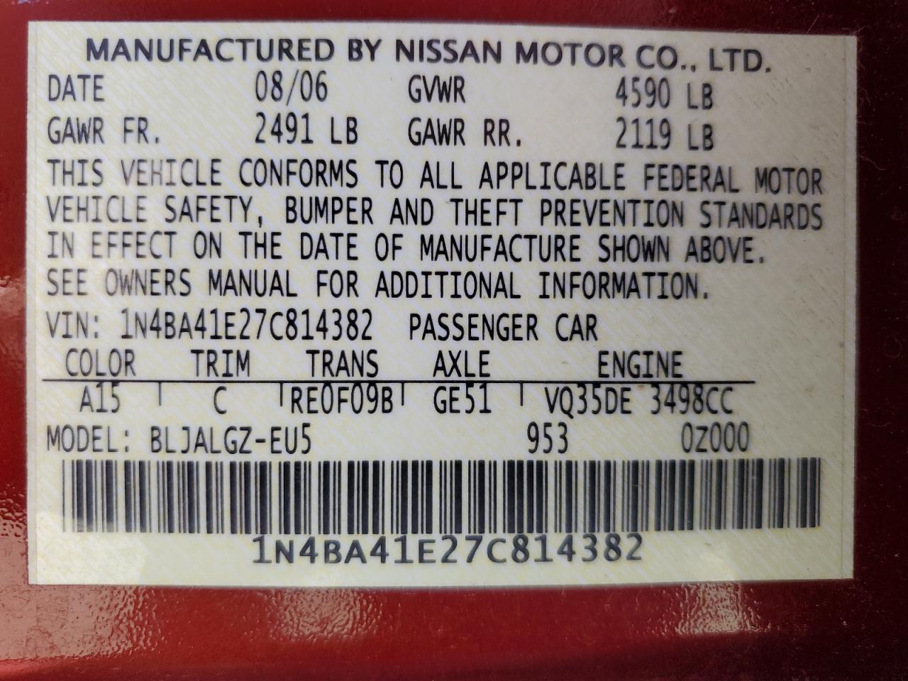 2007 Nissan Maxima Se VIN: 1N4BA41E27C814382 Lot: 56381115