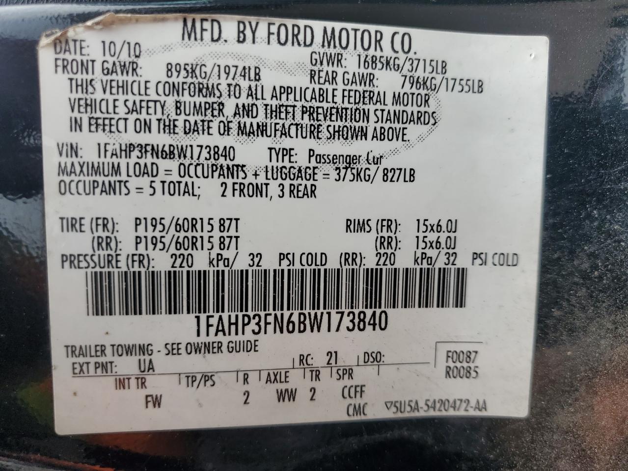 2011 Ford Focus Se VIN: 1FAHP3FN6BW173840 Lot: 57291475