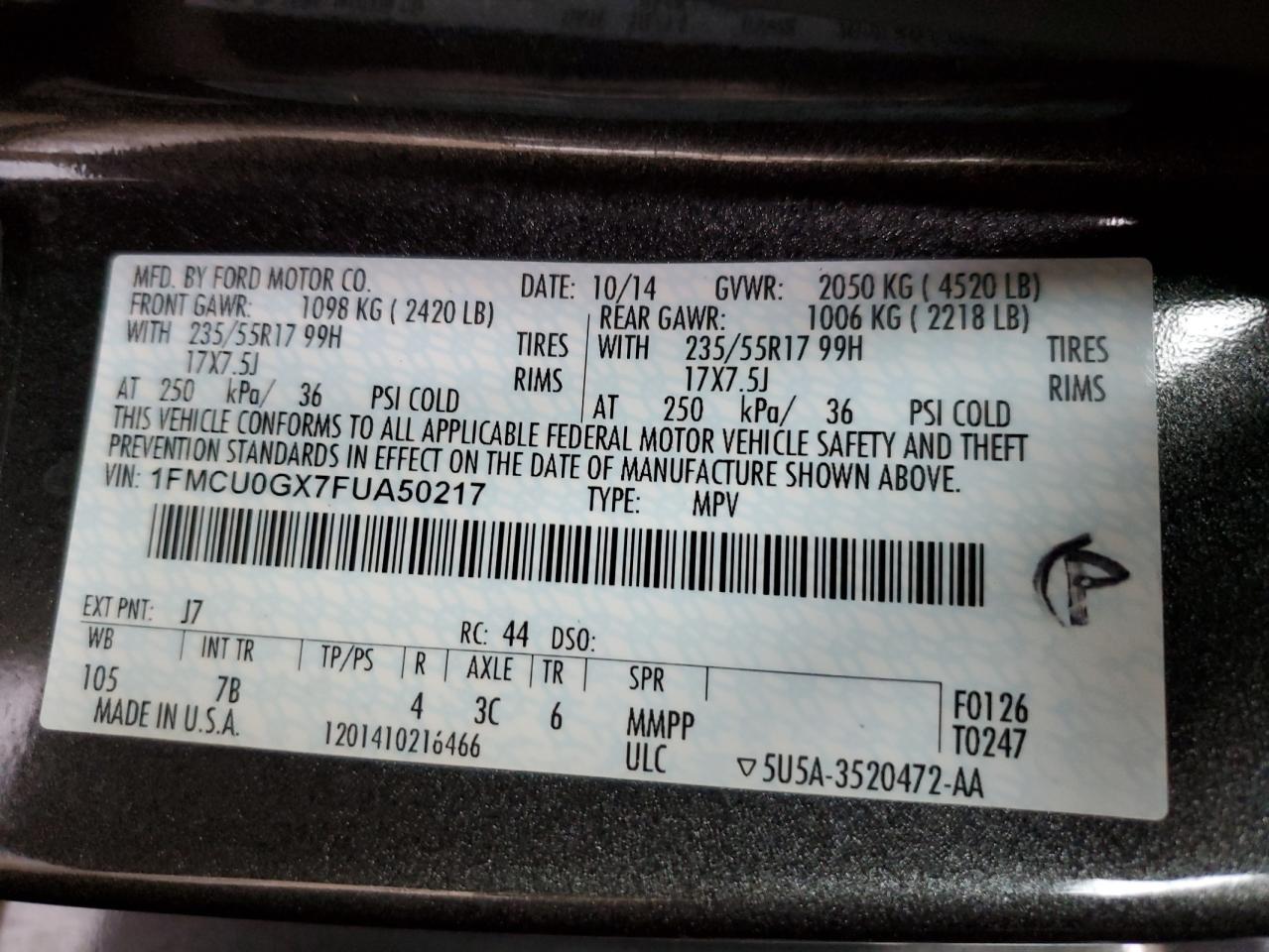 2015 Ford Escape Se VIN: 1FMCU0GX7FUA50217 Lot: 56848735