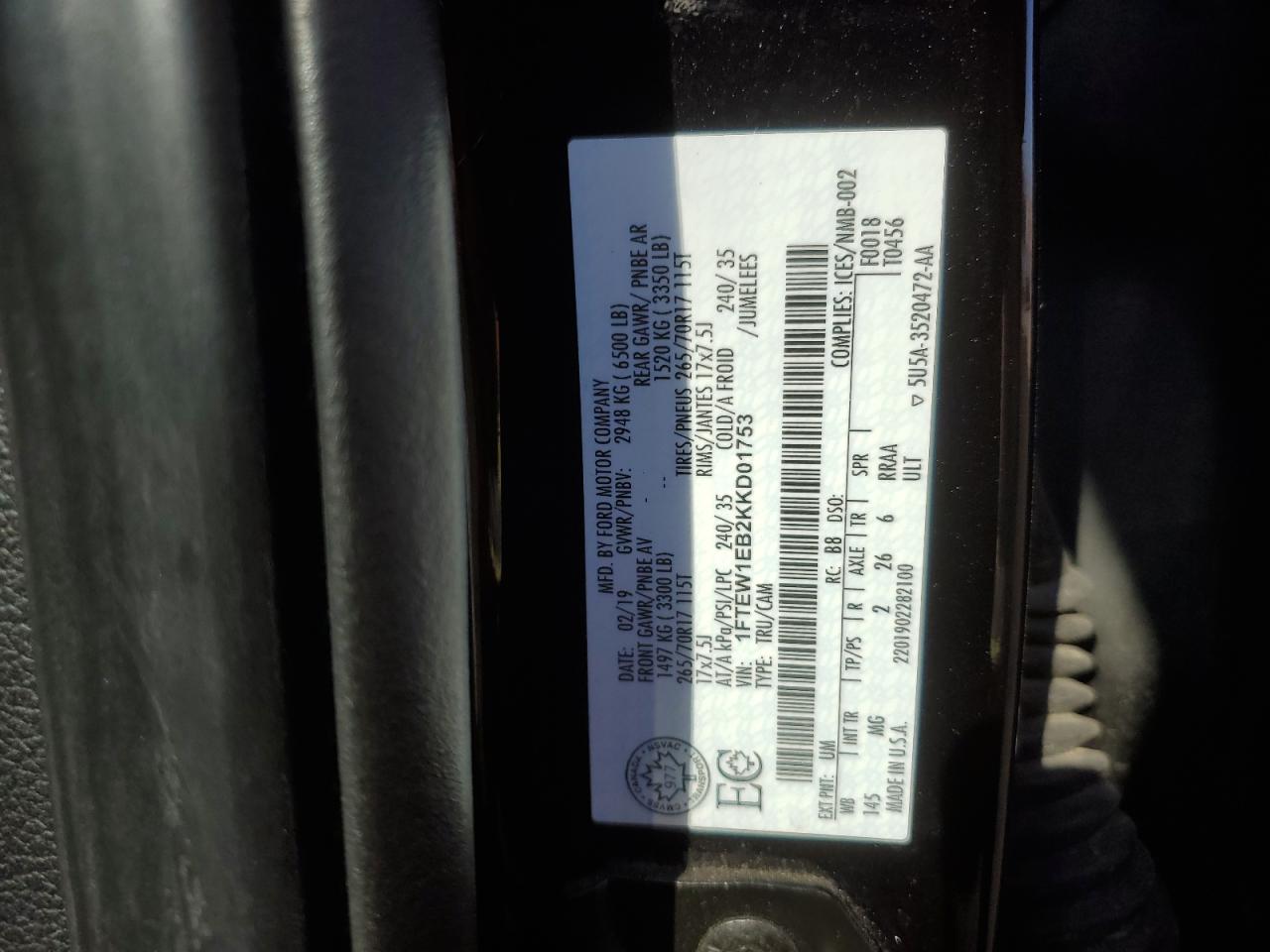 2019 Ford F150 Supercrew VIN: 1FTEW1EB2KKD01753 Lot: 57059125