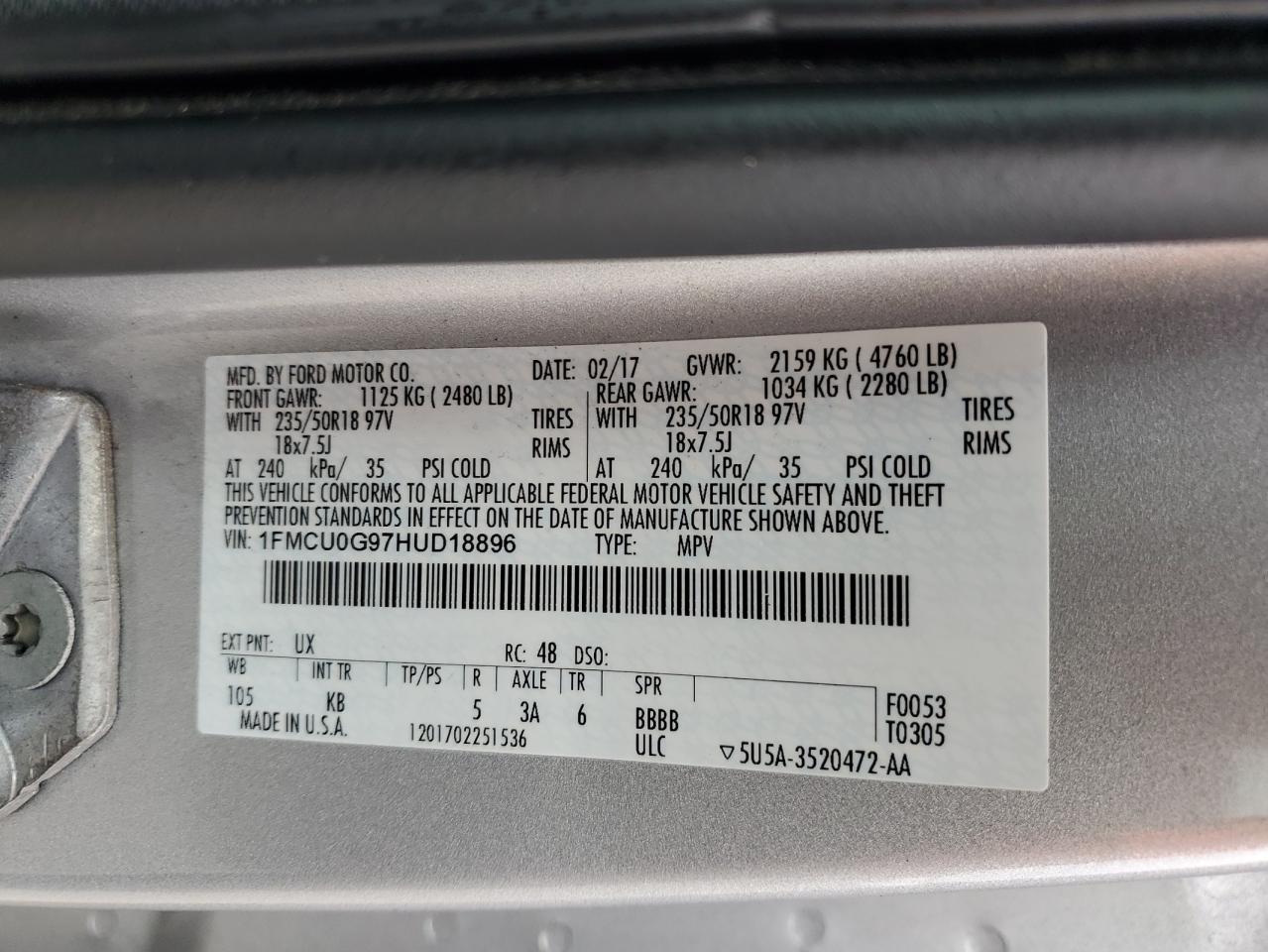 2017 Ford Escape Se VIN: 1FMCU0G97HUD18896 Lot: 57053045