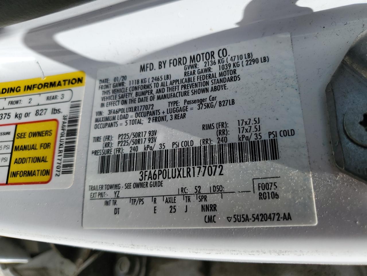 2020 Ford Fusion Se VIN: 3FA6P0LUXLR177072 Lot: 54025775