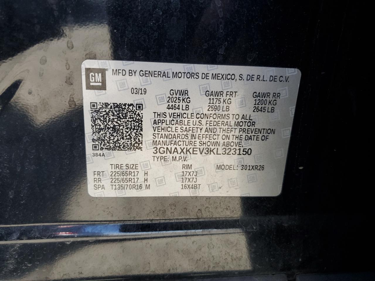 2019 Chevrolet Equinox Lt VIN: 3GNAXKEV3KL323150 Lot: 56989205
