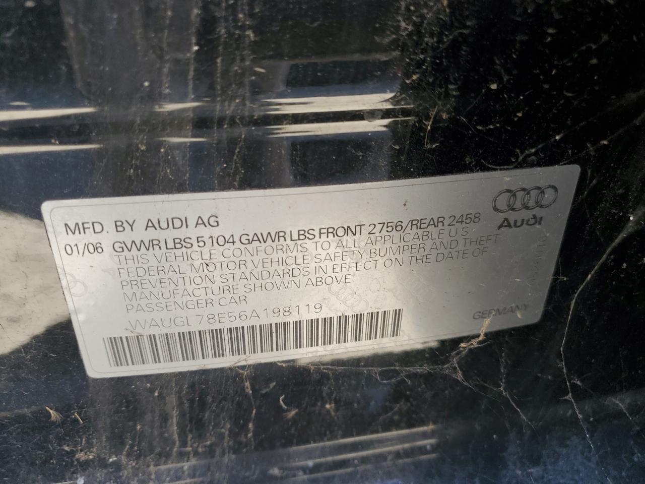 2006 Audi S4 Quattro VIN: WAUGL78E56A198119 Lot: 57002215