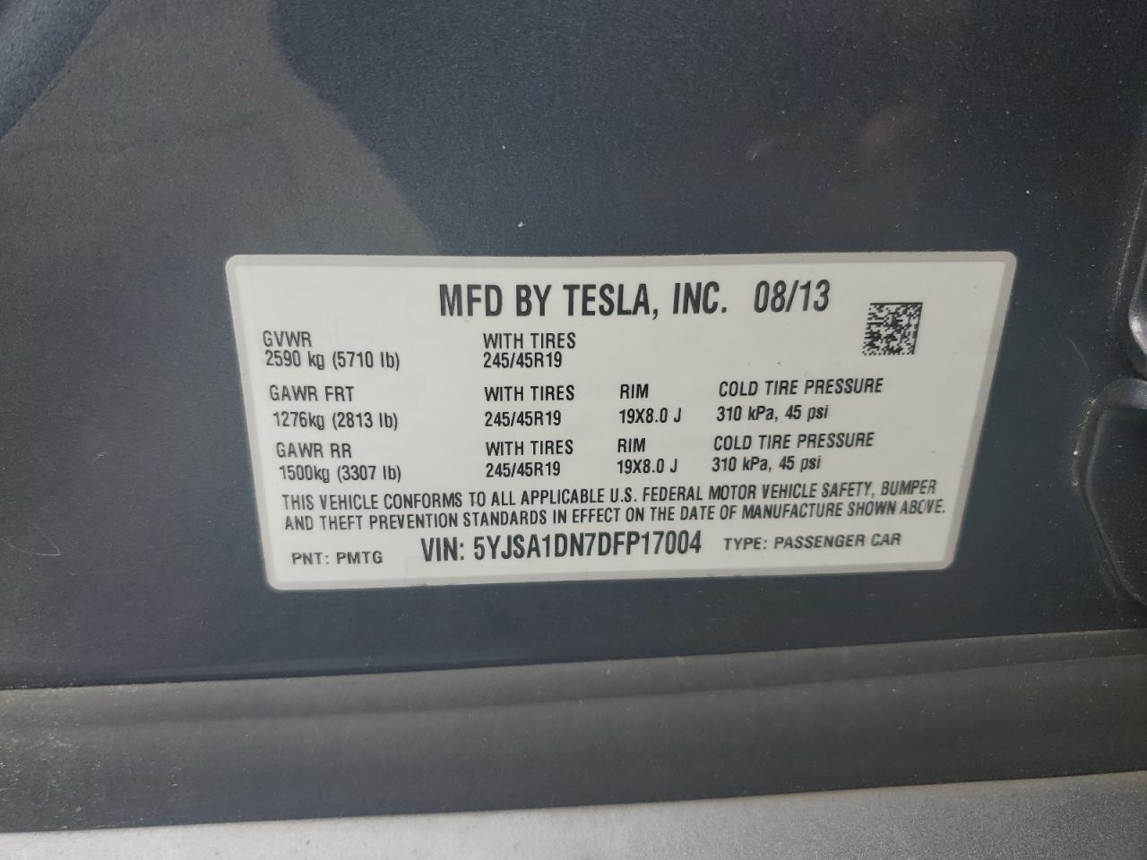 2013 Tesla Model S VIN: 5YJSA1DN7DFP17004 Lot: 54836355