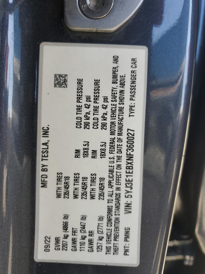 2022 Tesla Model 3 VIN: 5YJ3E1EBXNF360027 Lot: 56531305