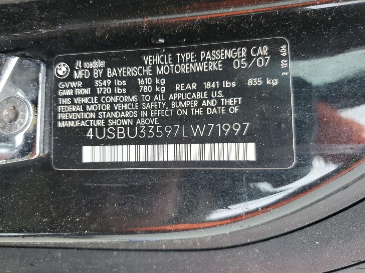2007 BMW Z4 3.0 VIN: 4USBU33597LW71997 Lot: 58496075