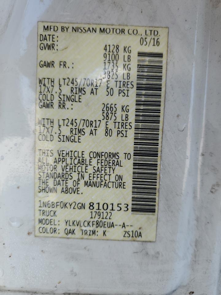 2016 Nissan Nv 1500 S VIN: 1N6BF0KY2GN810153 Lot: 57275065