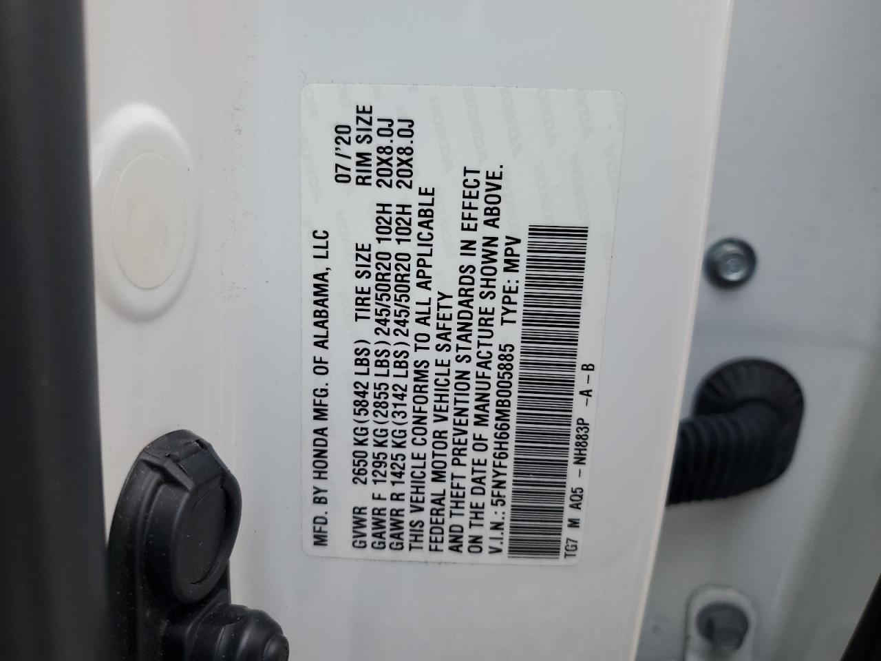 2021 Honda Pilot Touring VIN: 5FNYF6H66MB005885 Lot: 56560175