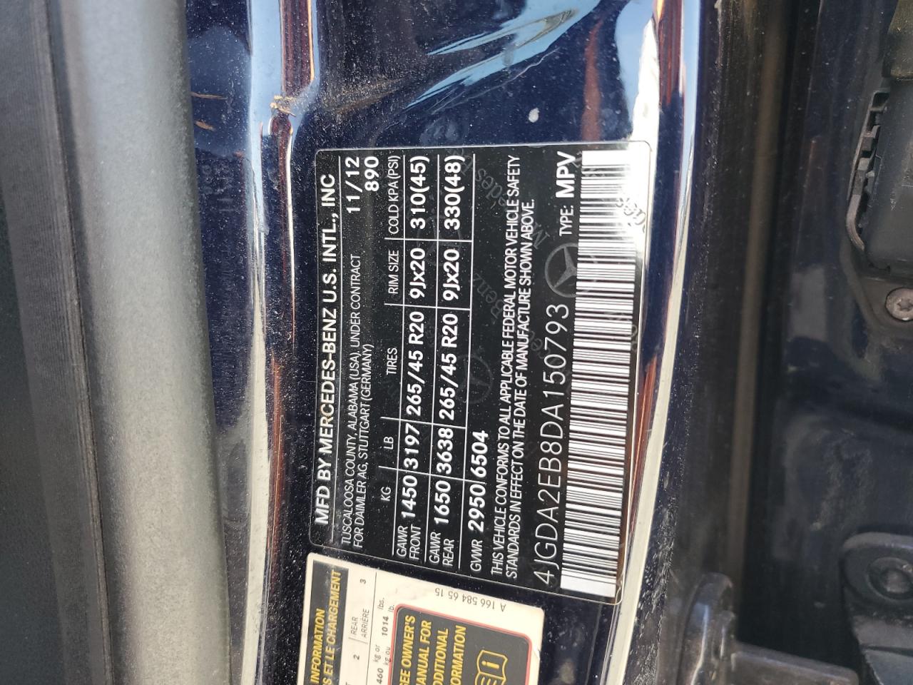 2013 Mercedes-Benz Ml 350 Bluetec VIN: 4JGDA2EB8DA150793 Lot: 57183305