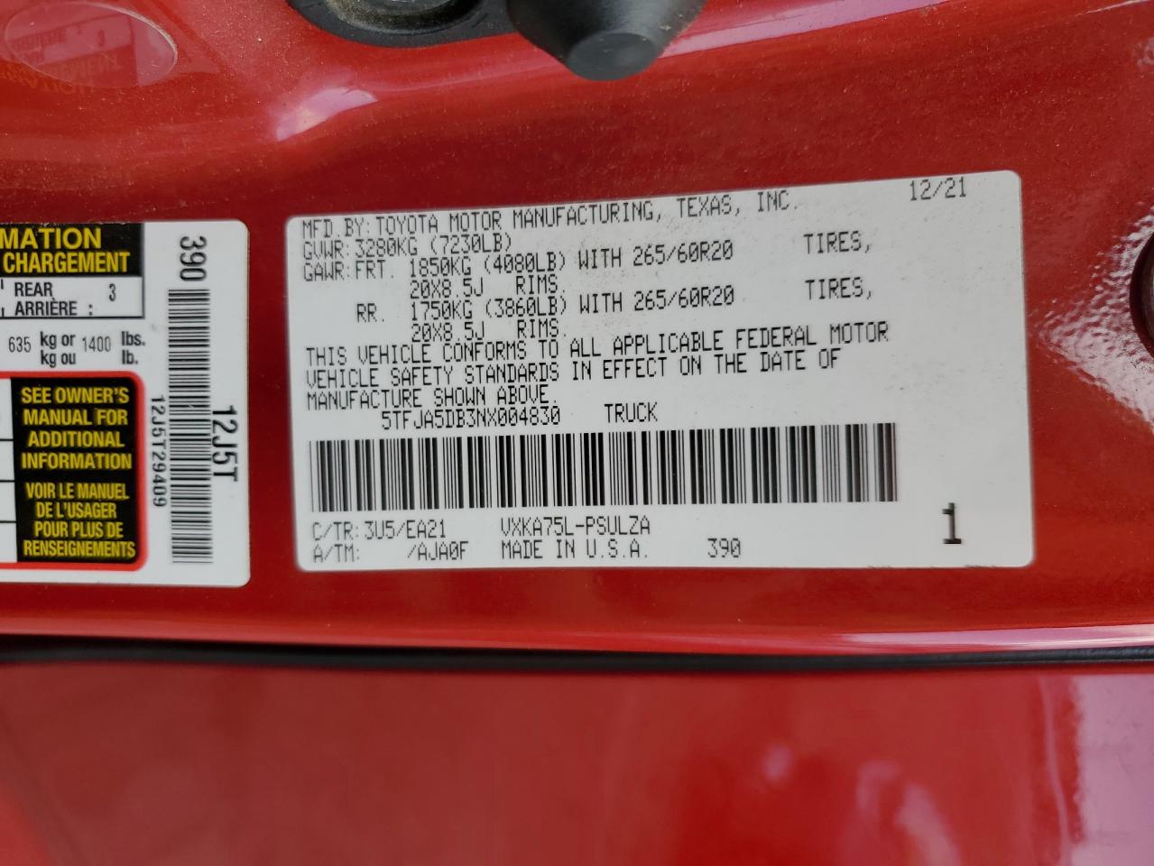 2022 Toyota Tundra Crewmax Limited VIN: 5TFJA5DB3NX004830 Lot: 56588215