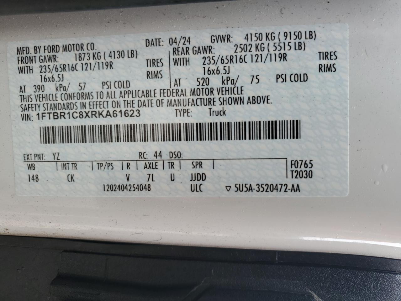 2024 Ford Transit T-250 VIN: 1FTBR1C8XRKA61623 Lot: 55025765