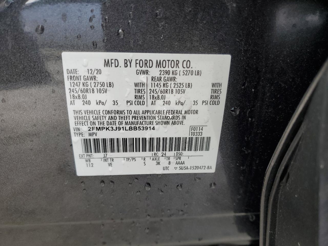 2020 Ford Edge Sel VIN: 2FMPK3J91LBB53914 Lot: 58903035