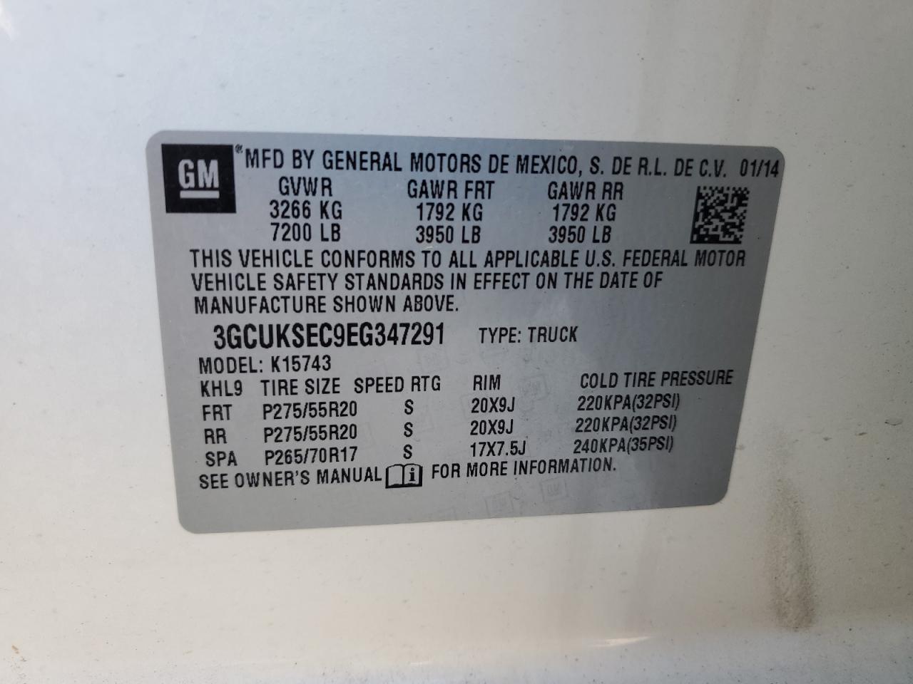 2014 Chevrolet Silverado K1500 Ltz VIN: 3GCUKSEC9EG347291 Lot: 57868565