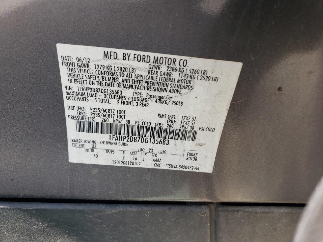 2013 Ford Taurus Se VIN: 1FAHP2D87DG135683 Lot: 57672865