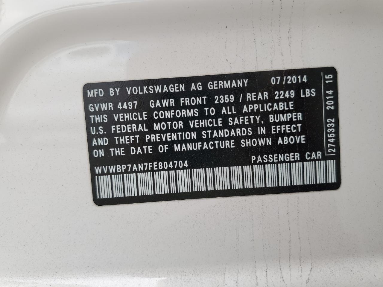 2015 Volkswagen Cc Sport VIN: WVWBP7AN7FE804704 Lot: 56415865
