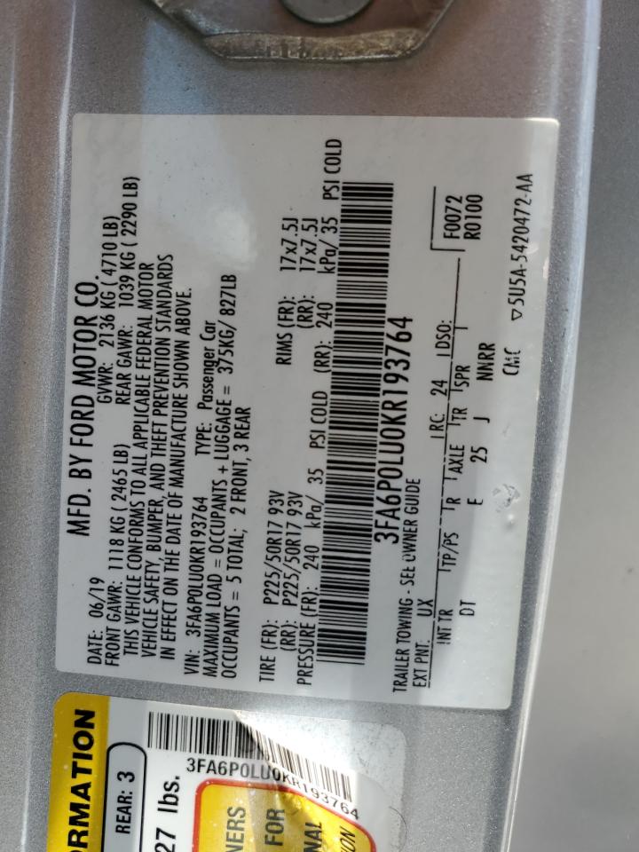 2019 Ford Fusion Se VIN: 3FA6P0LU0KR193764 Lot: 57050085