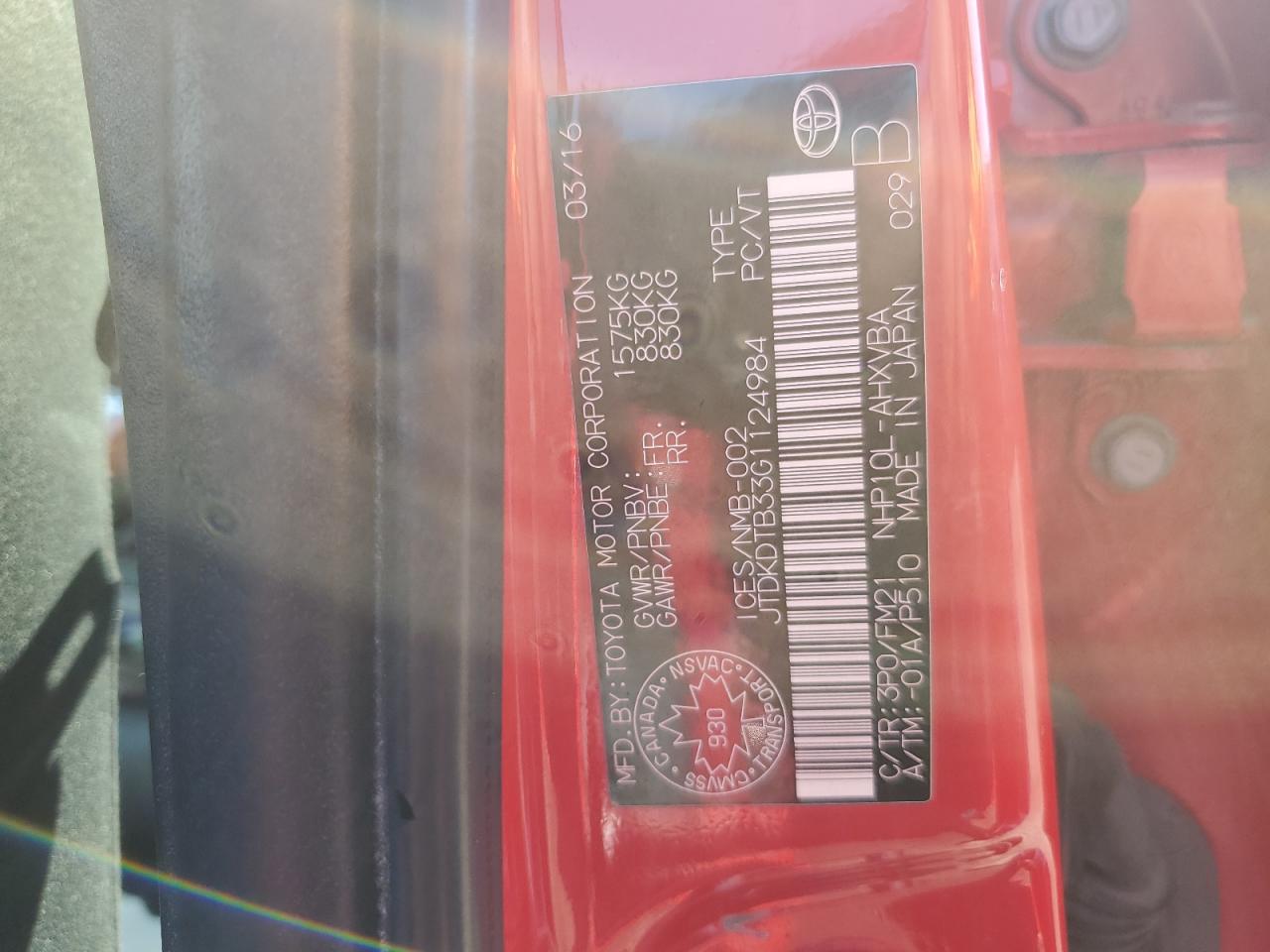 2016 Toyota Prius C VIN: JTDKDTB33G1124984 Lot: 57396855
