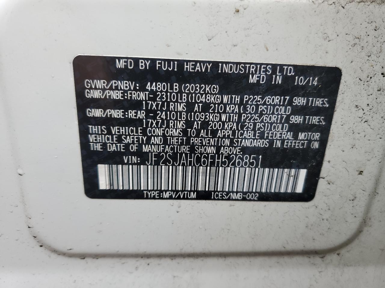 2015 Subaru Forester 2.5I Limited VIN: JF2SJAHC6FH526851 Lot: 56724225