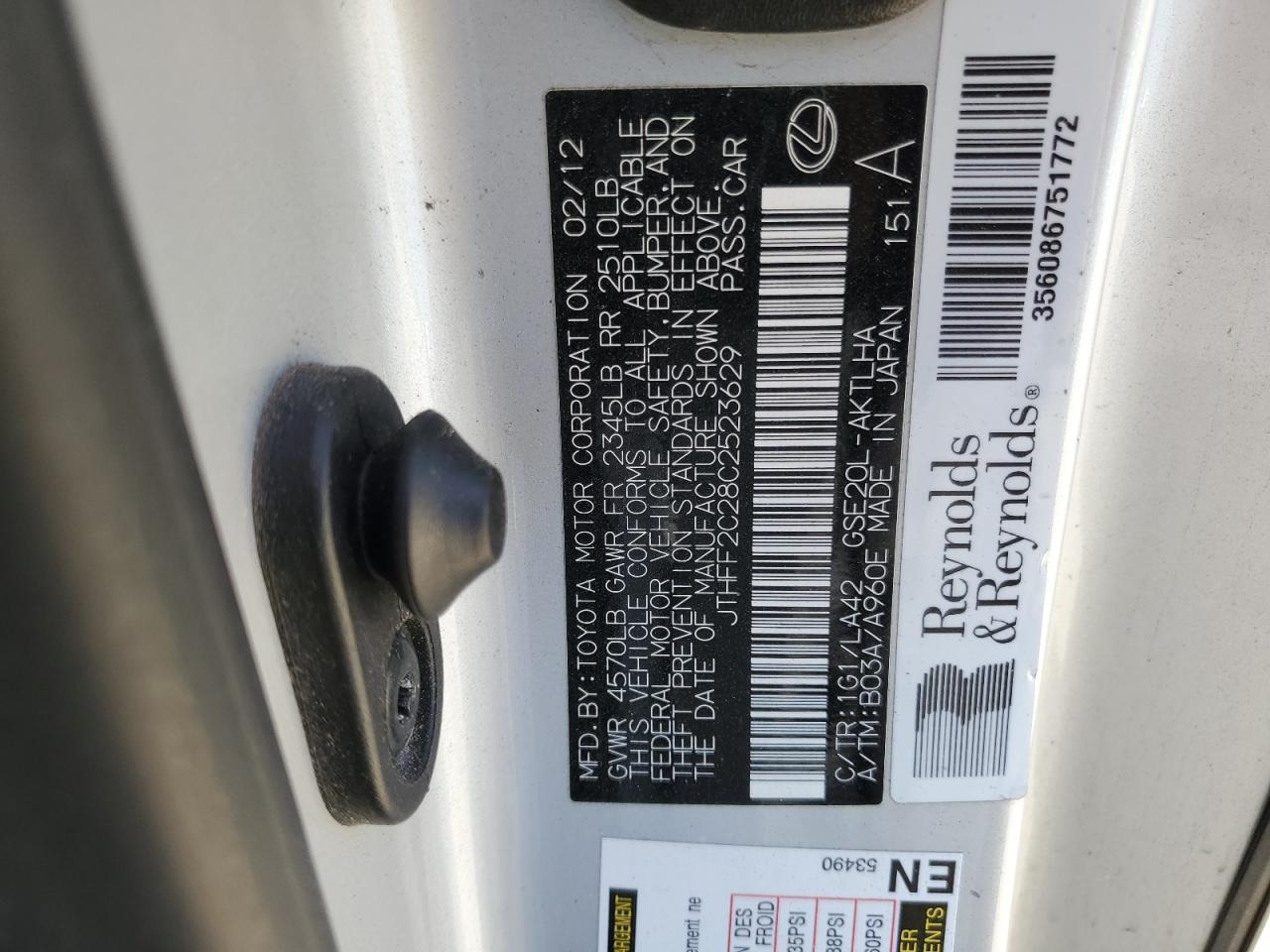 2012 Lexus Is 250 VIN: JTHFF2C28C2523629 Lot: 56779045