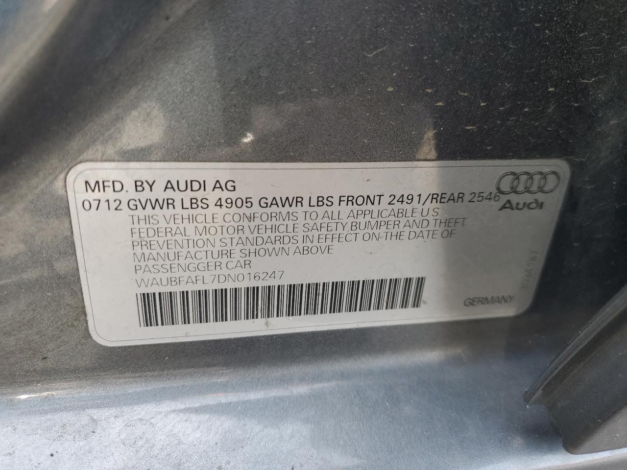 2013 Audi A4 Premium VIN: WAUBFAFL7DN016247 Lot: 56952155