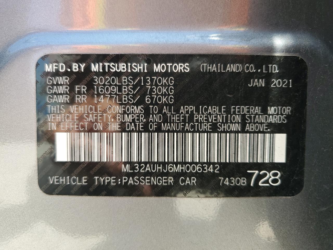 2021 Mitsubishi Mirage Es VIN: ML32AUHJ6MH006342 Lot: 56396125